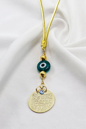 El Yapımı Zümrüt Yeşili Nazarlı Metal Ayetel Kürsi Dualı Dikiz Ayna Süsü, Yeni Araba Hediyesi