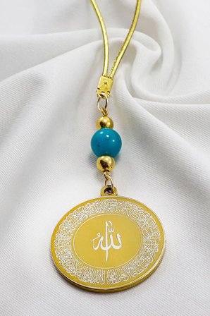 Turkuaz Doğal Taşlı Ayetel Kürsi Allah Lafzı Felak Nas İhlas Çelik Araba Ayna Süsü