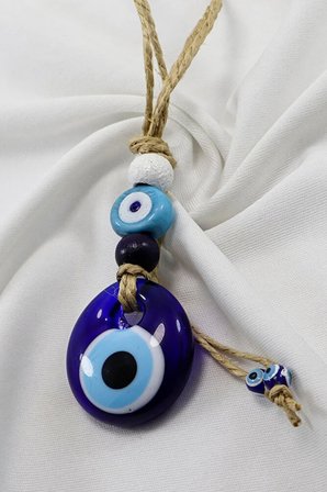 Jüt İpli Mavi Nazar Boncuklu Cam Nazar Boncuğu Salkım Araba Dikiz Ayna Süsü, Lüks Araba Hediyesi