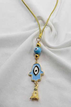 Mavi Cam Nazar Boncuklu Püsküllü Hamse Eli Araba Dikiz Ayna Süsü
