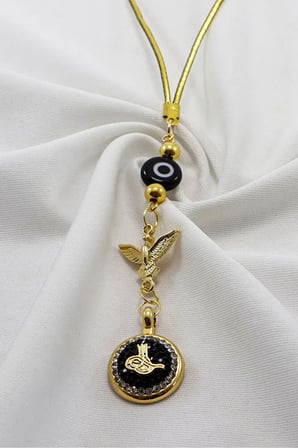 Siyah Cam Yassı Nazar Boncuklu Anka Kuşu Parlak Taşlı Osmanlı Tuğrası Figürlü Araba Dikiz Ayna Süsü