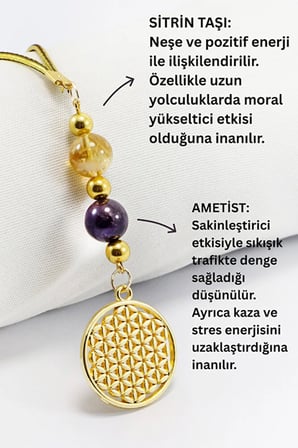 Doğal Taşlı Metal Yaşam Çiçeği Araba Dikiz Ayna Süsü, Ametist ve Sitrin Taşlı Araba Hediyesi