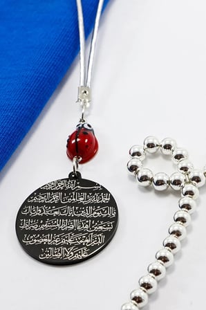 Cam Uğur Böcekli Siyah Çelik Çift Taraflı Ayetel Kürsi Fatiha Dualı Araba Dikiz Ayna Süsü