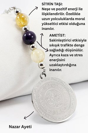 Çelik Ayetel Kürsi Nazar Ayeti Araba Dikiz Ayna Süsü, Doğal Taşlar: Ametist, Sitrin