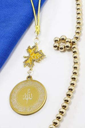 Parlak Taşlı Yapraklı Gold Çelik Allah Lafzı Ayetel Kürsi Felak Nas İhlas Dikiz Ayna Süsü (3,5)