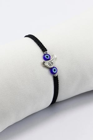 Metal Gümüş Renkli Kuş ve El Yapımı Cam Nazar Boncukları Ayarlanabilir Asansörlü Bileklik
