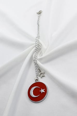 Metal Kırmızı Türk Bayrağı Yıldızlı Zincirli Araba Dikiz Ayna Süsü, Yeni Araba Hediyesi