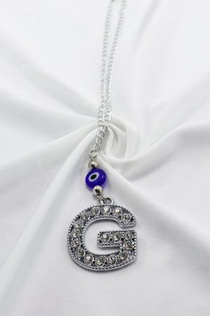 Gümüş Renkli Kristal Taşlı G Harfi Araba Dikiz Ayna Süsü, Nazar Boncklu Hediyelik Araba Süsü