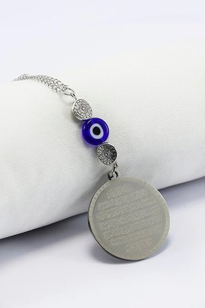 Otantik Metal Boncuklu Nazarlı Çelik Çift Taraflı Ayetel Kürsi Felak Nas Ihlas Araba Dikiz Ayna Süsü