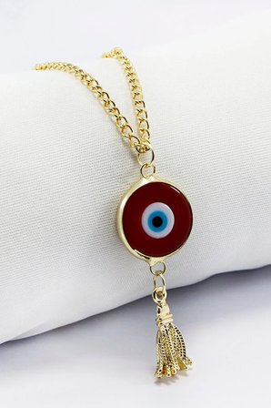 Metal Püsküllü El Yapımı Kırmızı Cam Nazar Boncuğu Araba Dikiz Ayna Süsü