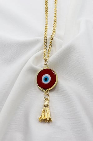 Metal Püsküllü El Yapımı Kırmızı Cam Nazar Boncuğu Araba Dikiz Ayna Süsü