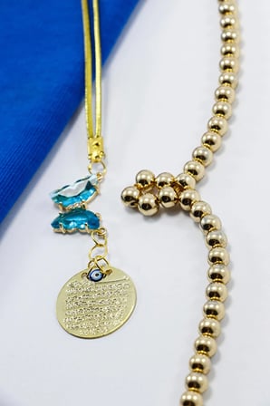 Turkuaz taş Kelebek Nazar Boncuğu Mineli Gold Renkli Metal Ayet'el Kürsi Dikiz Ayna Süsü