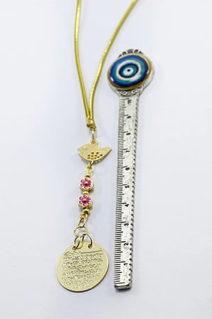 Metal Kuş Pembe Çiçekler Gold Renkli Metal Ayet'el Kürsi Araba Dikiz Ayna Süsü