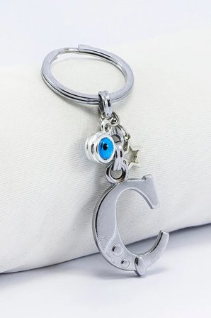 Gümüş Renkli Yıldızlı Nazar Boncuklu Metal Ç Harfi Anahtarlık / Harfli Çanta Süsü