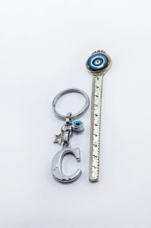 Gümüş Renkli Yıldızlı Nazar Boncuklu Metal C Harfi Anahtarlık / Harfli Çanta Süsü