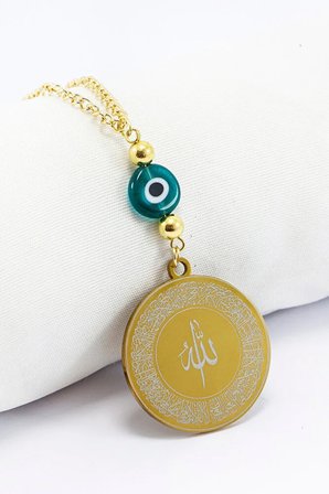 Zümrüt Yeşili Yassı Nazar Boncuğu 316L Çelik Ayetel Kürsi Nazar Ayeti Zincirli Araba Dikiz Ayna Süsü
