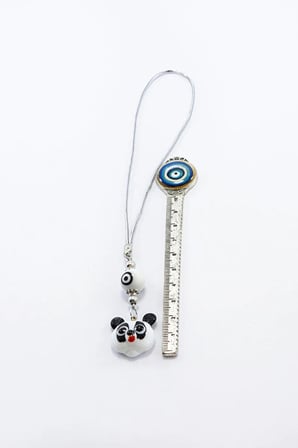 El Yapımı Cam Siyah Beyaz Nazarlı Sevimli Panda Araba Dikiz Ayna Süsü, Yeni Araba Hediyesi