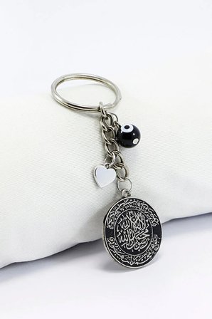Siyah Cam Nazar Boncuğu Metal Mühr-ü Şerif Anahtarlık / Küçük Çanta Süsü