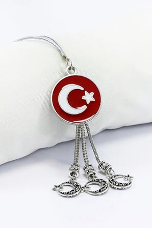 Metal Üç Püsküllü Dikiz Ayna Süsü, Metal Kırmızı Türk Bayrağı Araba Dekoru