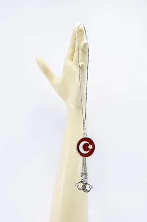 Metal Üç Püsküllü Dikiz Ayna Süsü, Metal Kırmızı Türk Bayrağı Araba Dekoru