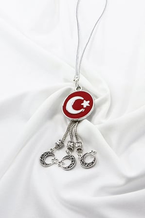 Metal Üç Püsküllü Dikiz Ayna Süsü, Metal Kırmızı Türk Bayrağı Araba Dekoru