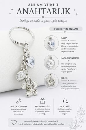 Gümüş Renkli Metal Çiçek Mineli Nazar boncuğu Taşlı Kalpli Anahtarlık, Hediyelik Çanta Süsü