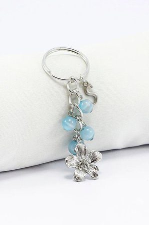 Gümüş Renkli Metal Çiçek Pastel Boncuklu Kişiselleştirilebilir Harfli Anahtarlık, Hediyelik Çanta Süsü