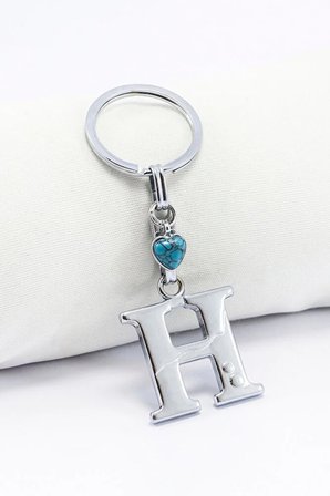 Firuze Taşlı Kalpli Gümüş Renkli Metal H Harfi Anahtarlık / Harfli Çanta Süsü