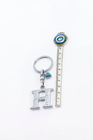 Firuze Taşlı Kalpli Gümüş Renkli Metal H Harfi Anahtarlık / Harfli Çanta Süsü