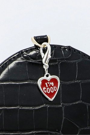 Kırmızı Mineli Gümüş Renkli Metal Kalp I'm Good Temalı Klipsli Cüzdan Fermuar Süsü Charm Çanta Süsü