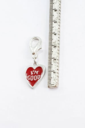 Kırmızı Mineli Gümüş Renkli Metal Kalp I'm Good Temalı Klipsli Cüzdan Fermuar Süsü Charm Çanta Süsü