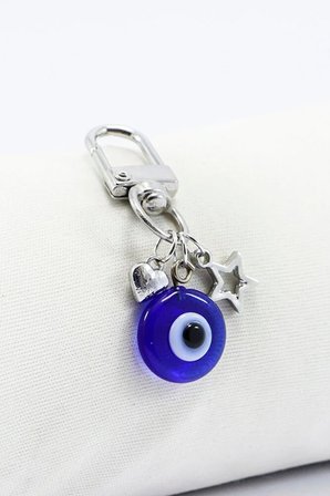 El Yapımı Cam Nazar Boncuğu Metal Kalpli Yıldızlı Klipsli Cüzdan Süsü Charm Çanta Süsü Anahtarlık
