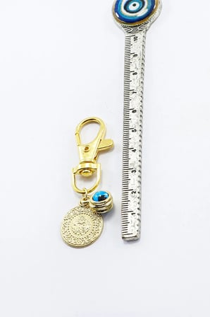 Gold Renkli Şans Parası Metal Nazar Boncuğu Klipsli Cüzdan Süsü Charm Çanta Süsü Anahtarlık