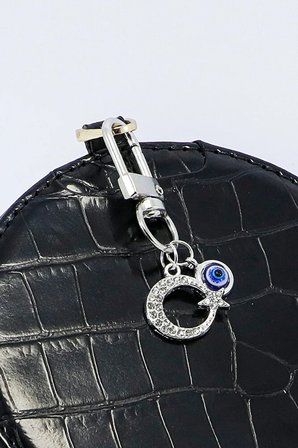 Metal Nazar Boncuğu Metal Parlak Taşlı Hilal Klipsli Cüzdan Süsü Charm Çanta Süsü Anahtarlık