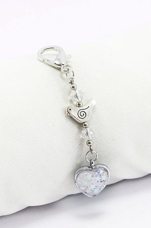 Kristal Boncuklu Metal Kuş Sedefli Kalp Klipsli Cüzdan Süsü Charm Çanta Süsü Anahtarlık