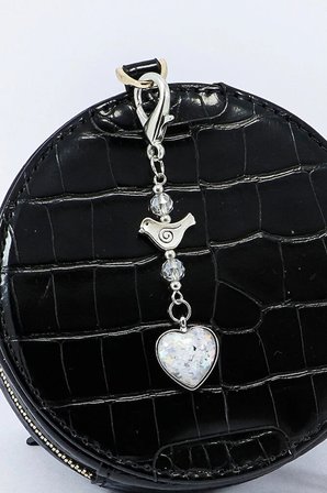 Kristal Boncuklu Metal Kuş Sedefli Kalp Klipsli Cüzdan Süsü Charm Çanta Süsü Anahtarlık