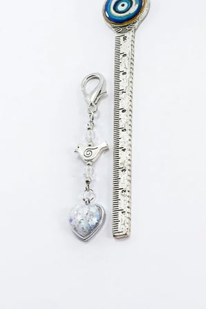 Kristal Boncuklu Metal Kuş Sedefli Kalp Klipsli Cüzdan Süsü Charm Çanta Süsü Anahtarlık