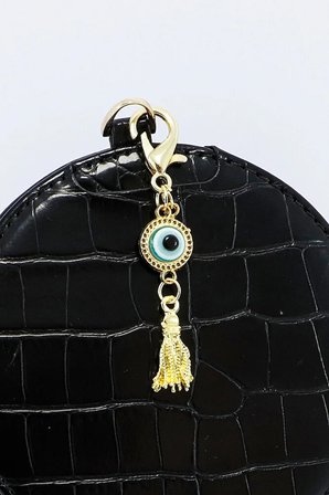 Gold Renkli Metal Çerçeveli Nazar Boncuğu Püsküllü Klipsli Cüzdan Süsü Charm Çanta Süsü Anahtarlık