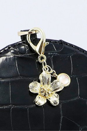 Metal Çiçek Sedefli Boncuk Klipsli Cüzdan Süsü Charm Gold Renkli Çanta Süsü Anahtarlık