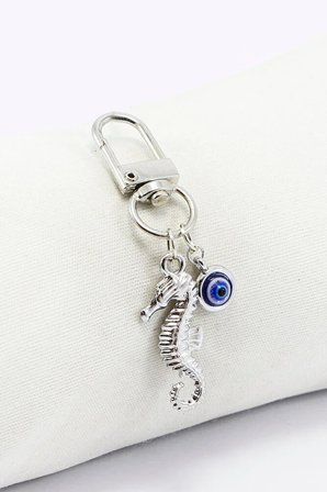 Metal Deniz Atı Nazar Boncuğu Klipsli Küçük Charm Anahtarlık Cüzdan Çanta Süsü