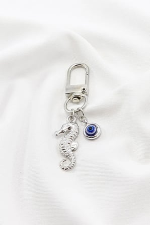 Metal Deniz Atı Nazar Boncuğu Klipsli Küçük Charm Anahtarlık Cüzdan Çanta Süsü