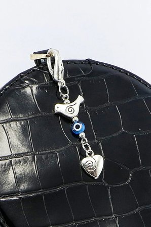 Metal Kuş Cam Nazar Boncuğu Kalpli Klipsli Küçük Charm Anahtarlık Cüzdan Çanta Süsü