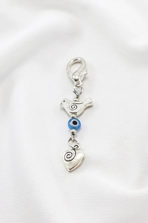 Metal Kuş Cam Nazar Boncuğu Kalpli Klipsli Küçük Charm Anahtarlık Cüzdan Çanta Süsü