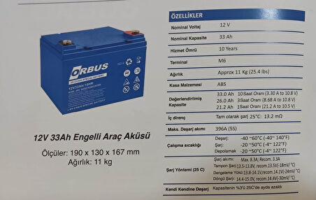 ORBUS 12 Volt 33 Amper (12v 33A) Engelli Araç Aküsü MALEZYA ÜRETİM