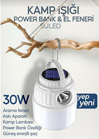 Can Kamp Lambası Solar Şarjlı El Feneri USB Type-C Şarj Çıkışlı Power Bank Özellikli Lithium 30W Askılı