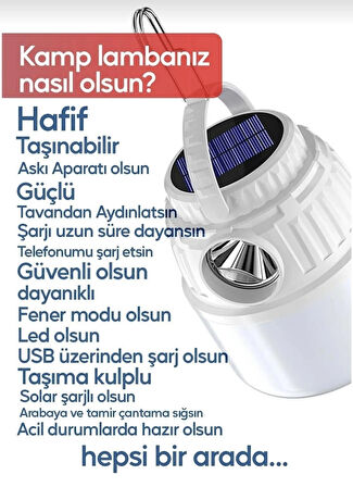 Can Kamp Lambası Solar Şarjlı El Feneri USB Type-C Şarj Çıkışlı Power Bank Özellikli Lithium 30W Askılı