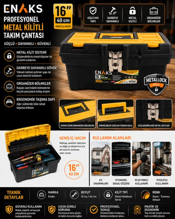 Enaks 16 İnç 40 cm Metal Kilitli Takım Çantası Organizerli Profesyonel Alet Çantası Darbeye Dayanıklı El Aleti Çantası