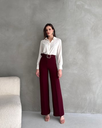 EN-BOY LİKRALI ÇİFT DÜĞMELİ VE KEMERLİ PALAZZO PANTOLON