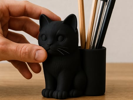 3D Baskı Kedi Figürlü Kalemlik - Masaüstü Organizer - Siyah