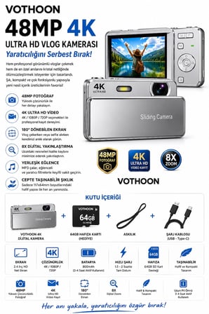 Dijital Kamera 4K HD 48MP 8X Zoom Flaşlı Kayar Retro Video Kamera 2.4’’ Ekran 64GB SD Kart Hediyeli Gümüş